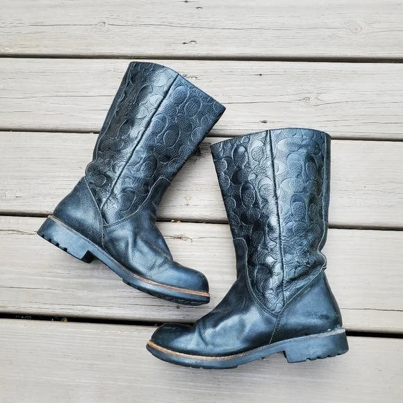 Coach Valentine Embossed Signature C Logo Black Leather Chunky Heel Zip Mid Boot - Picture 4 of 9